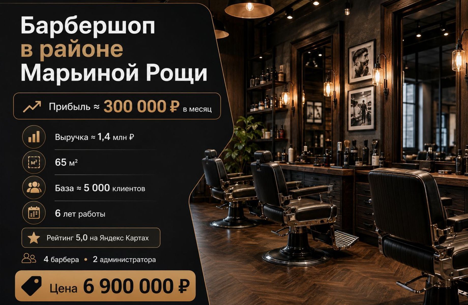 Фото 1 Барбершоп в районе Марьиной Рощи — прибыль ≈ 300 000 ₽ в месяц