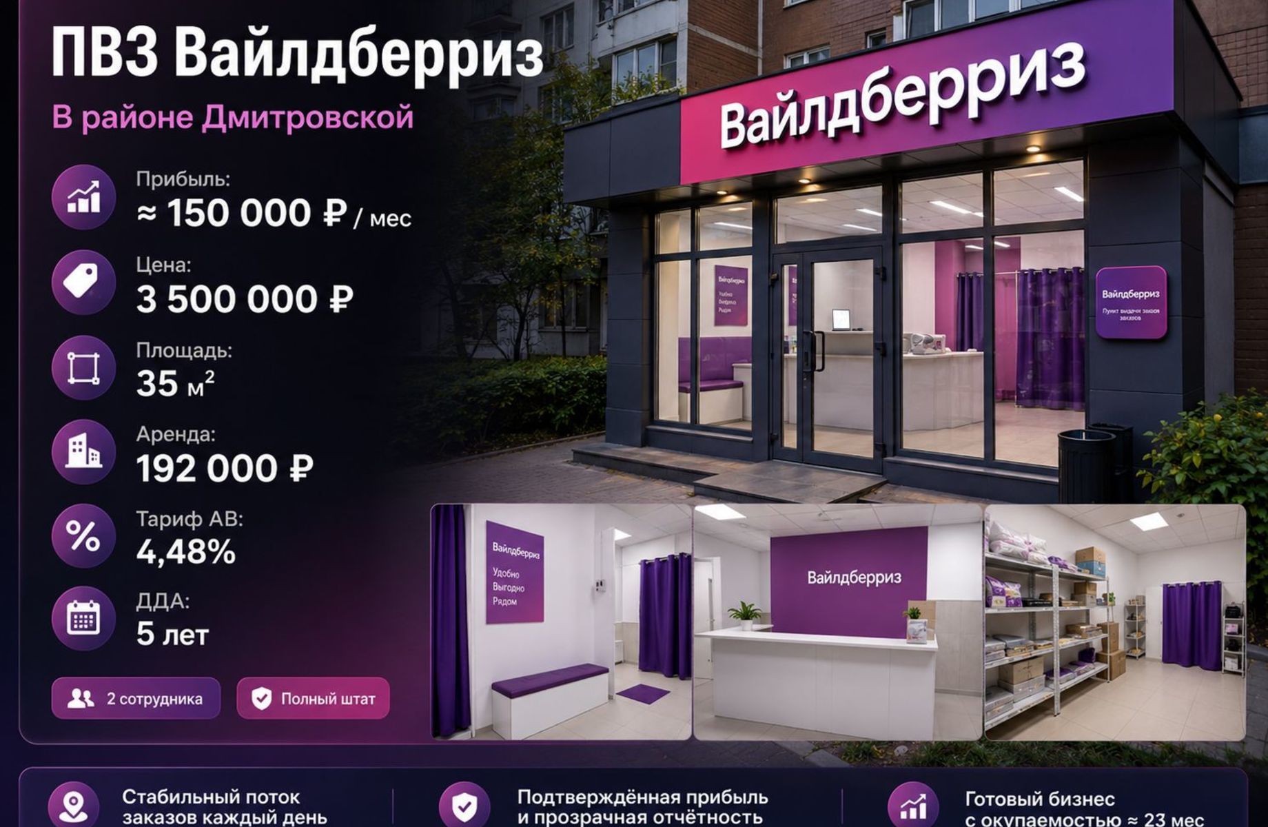 ПВЗ Вайлдберриз в районе Дмитровской — прибыль ≈ 150 000 ₽ в месяц