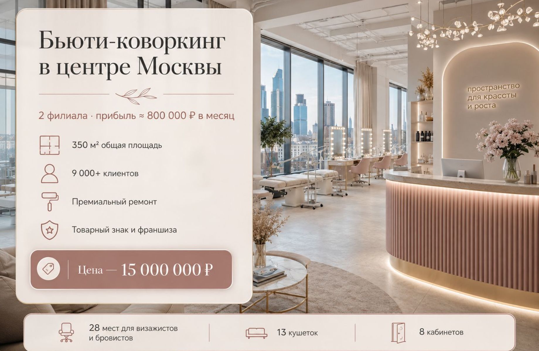Фото 1 Бьюти-коворкинг в центре Москвы — прибыль ≈ 800 000 ₽ в месяц