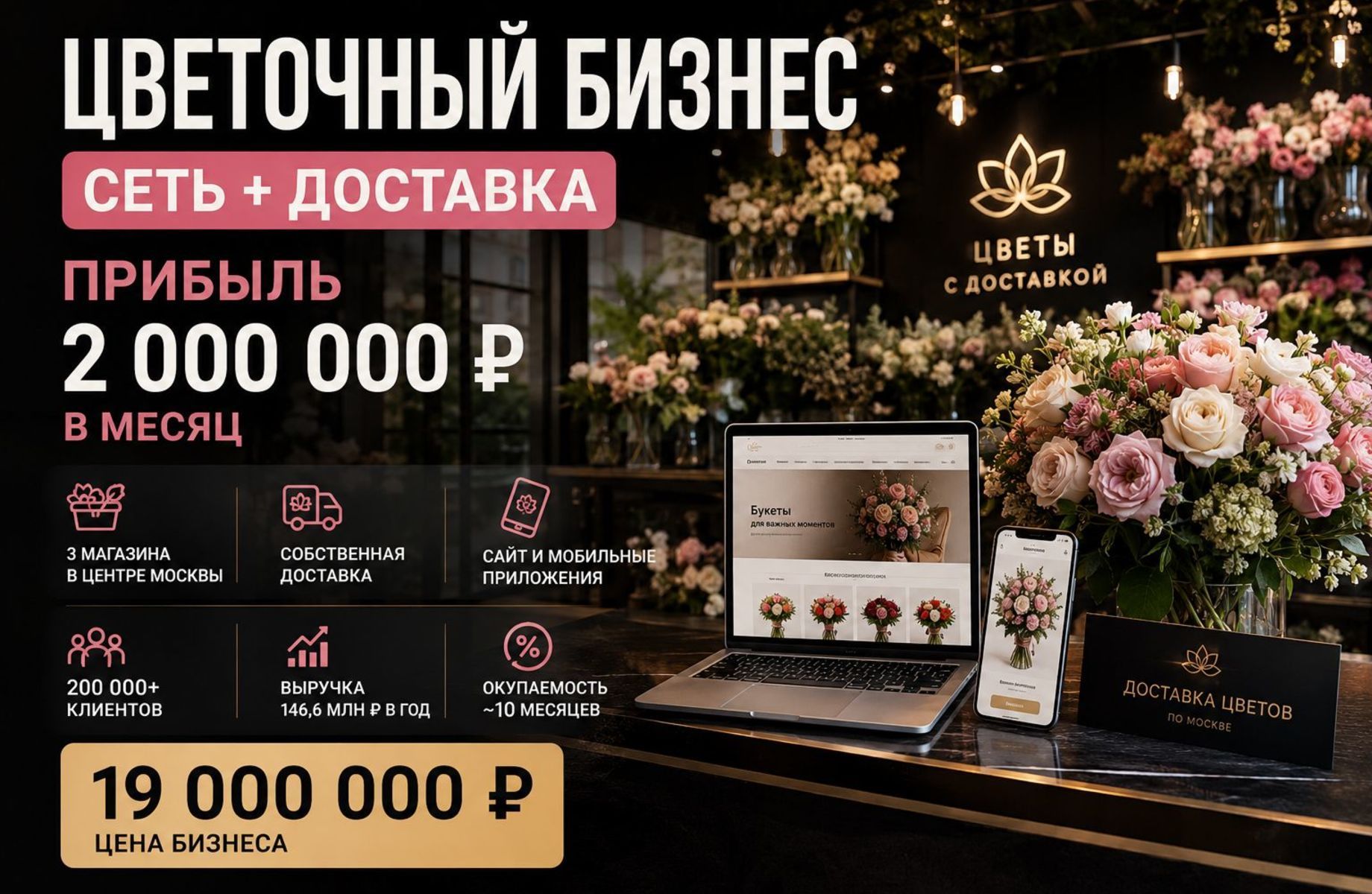 Цветочный бизнес с доставкой и 3 магазинами — прибыль ≈ 2 000 000 ₽  