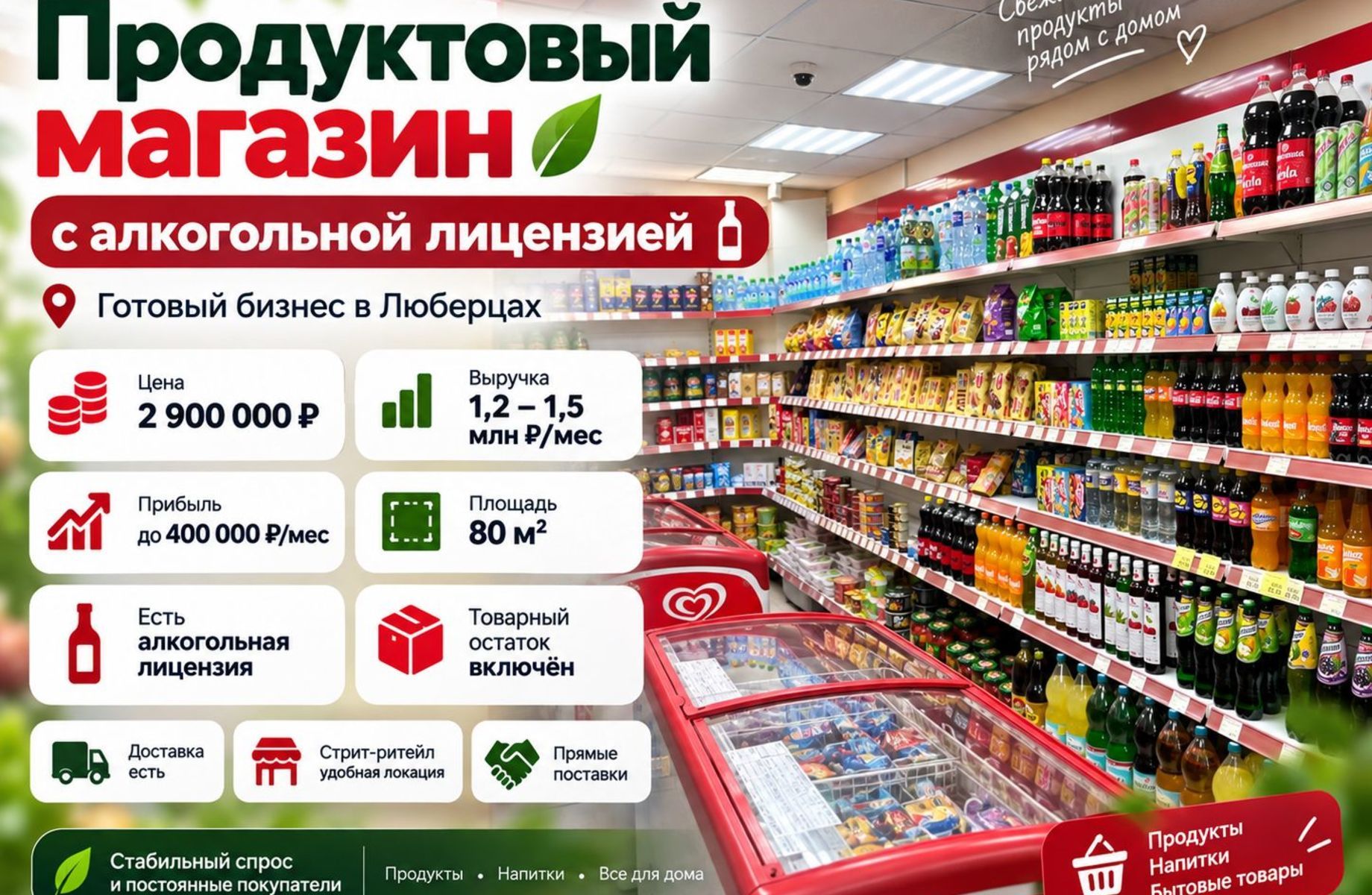 Фото 1 Продуктовый магазин с алкогольной лицензией | Прибыль ≈ 400 000 ₽/мес